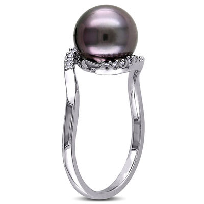 9.0-9.5mm Black Tahitian Cultured Pearl and 0.08 CT. T.W. Diamond Bypass Ring in Sterling Silver