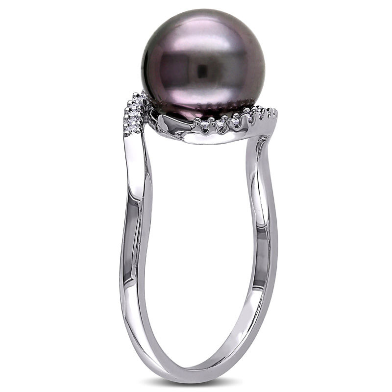 9.0 - 9.5mm Black Cultured Tahitian Pearl and 0.08 CT. T.W. Diamond Bypass Ring in Sterling Silver