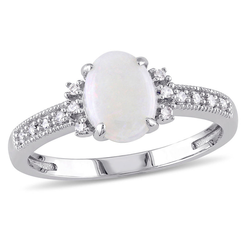 Oval Opal and Diamond Accent Vintage-Style Ring in 10K White Gold
