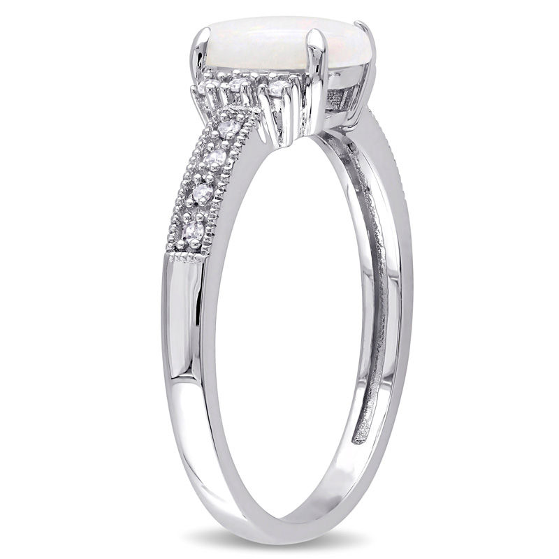 Main Image 2 of Oval Opal and Diamond Accent Vintage-Style Ring in 10K White Gold