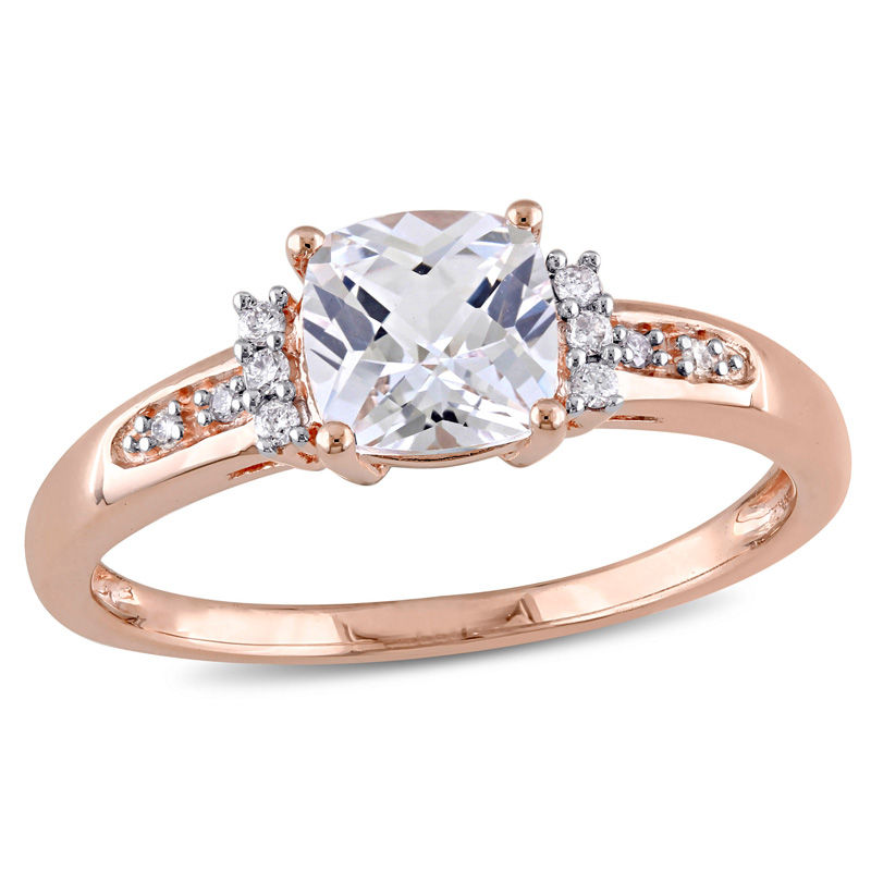 6.0mm Cushion-Cut Lab-Created White Sapphire and Diamond Accent Ring in 10K Rose Gold