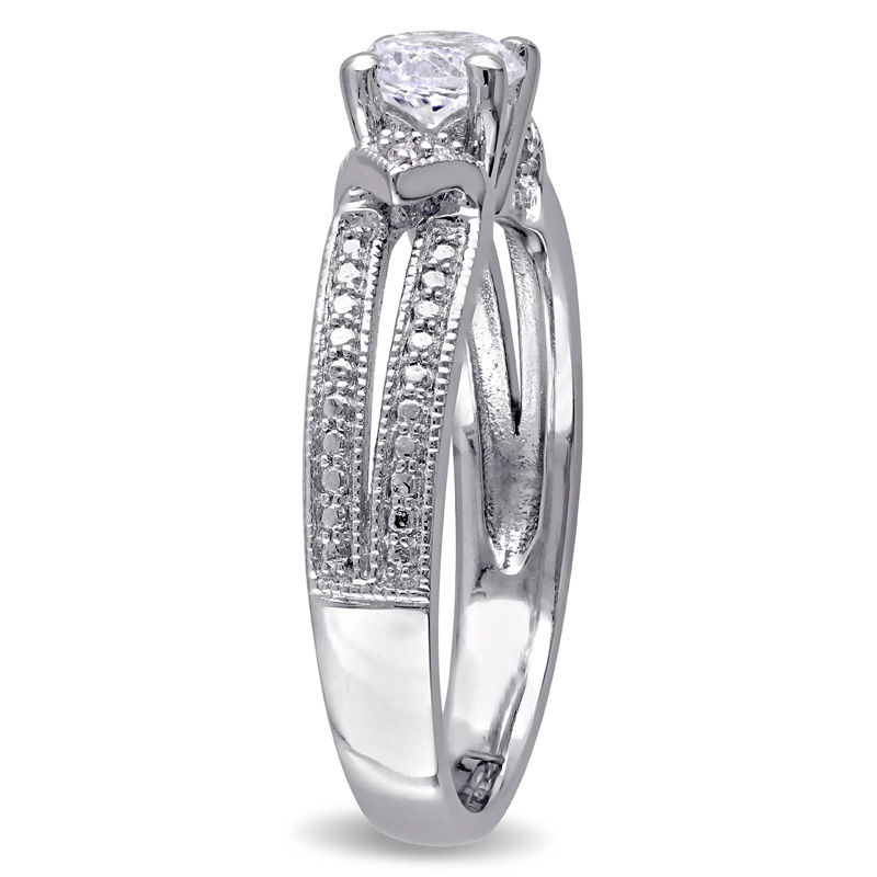 Main Image 2 of 5.0mm Lab-Created White Sapphire and Diamond Accent Collar Vintage-Style Split Shank Ring in Sterling Silver
