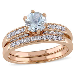 6.0mm Aquamarine and 0.34 CT. T.W. Diamond Vintage-Style Bridal Set in 10K Rose Gold