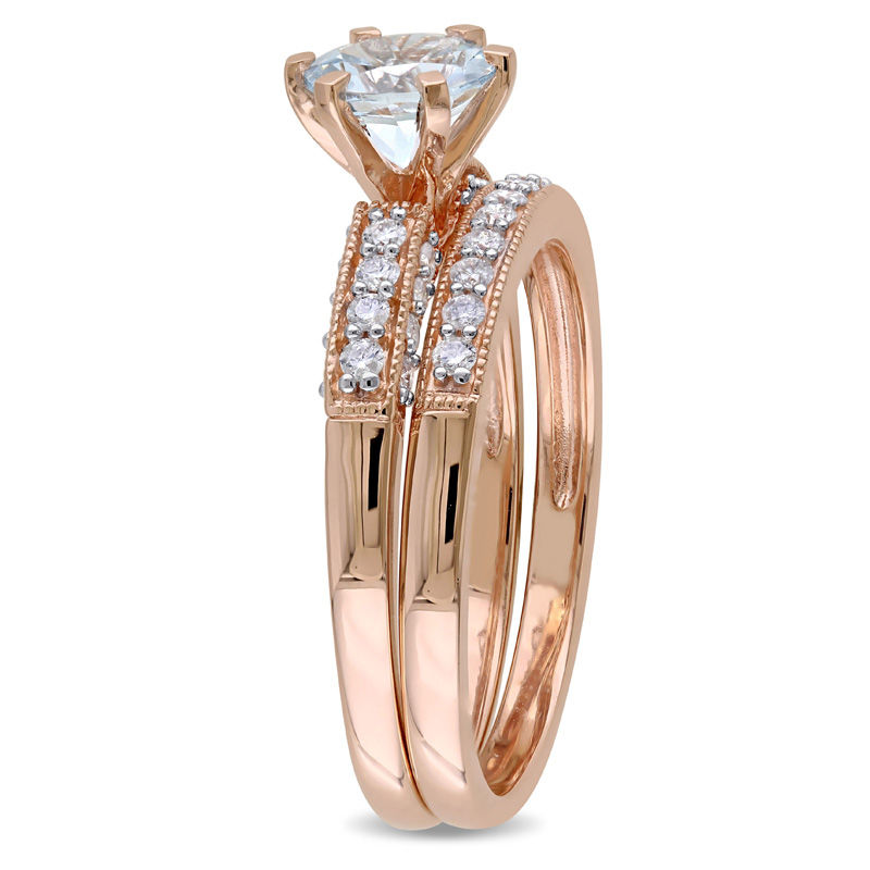 Main Image 2 of 6.0mm Aquamarine and 0.34 CT. T.W. Diamond Vintage-Style Bridal Set in 10K Rose Gold