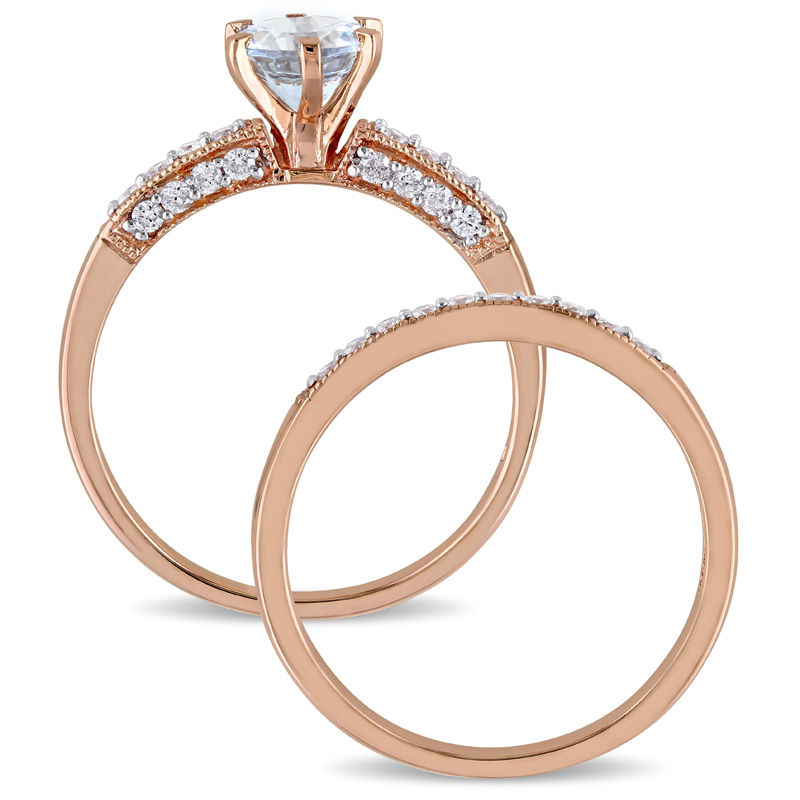 Main Image 3 of 6.0mm Aquamarine and 0.34 CT. T.W. Diamond Vintage-Style Bridal Set in 10K Rose Gold