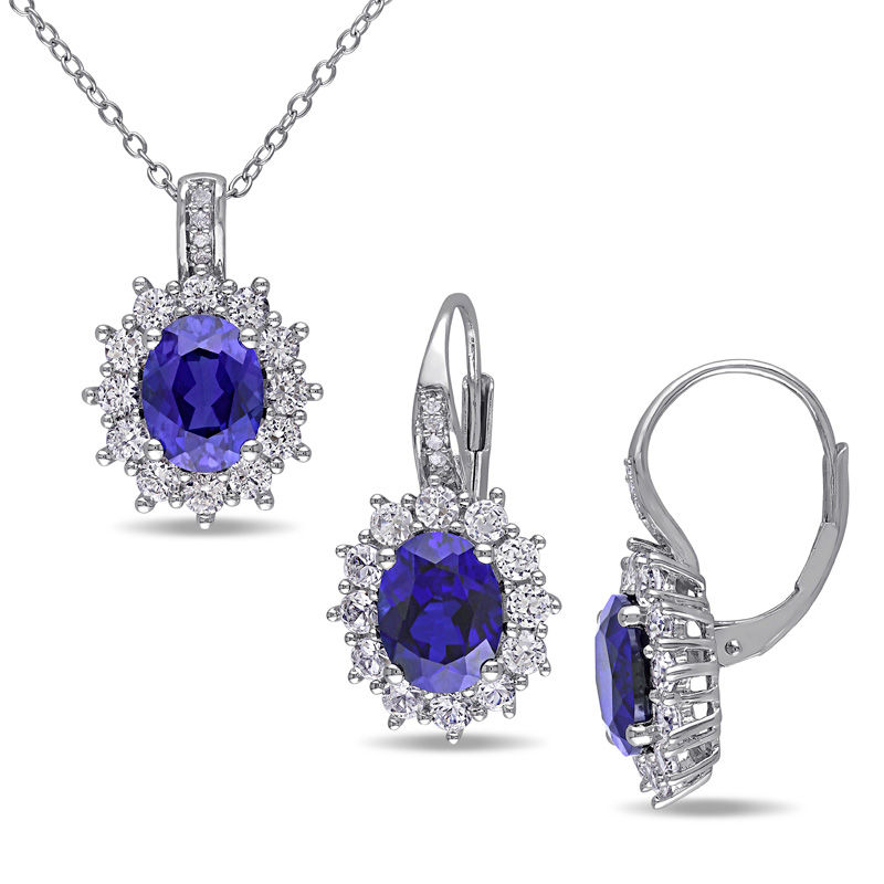 Oval Lab-Created Blue and White Sapphire with Diamond Accent Sunburst Pendant and Drop Earrings Set in Sterling Silver|Peoples Jewellers