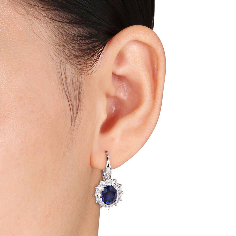 Oval Lab-Created Blue and White Sapphire with Diamond Accent Sunburst Pendant and Drop Earrings Set in Sterling Silver|Peoples Jewellers