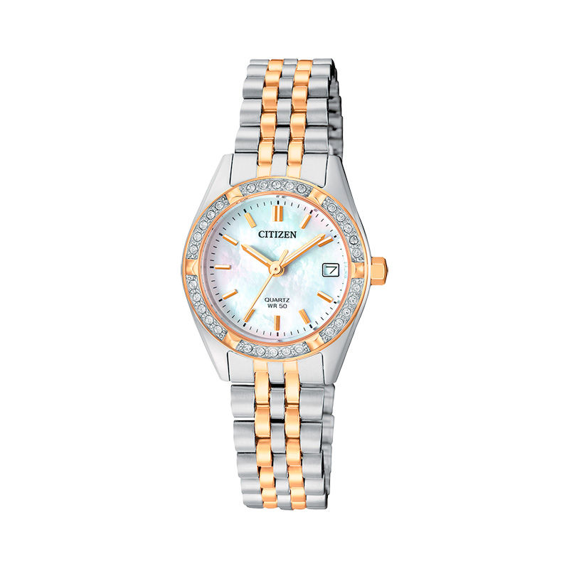 Ladies' Citizen Crystal Accent Two-Tone Watch with Mother-of-Pearl Dial (Model: EU6064-54D)
