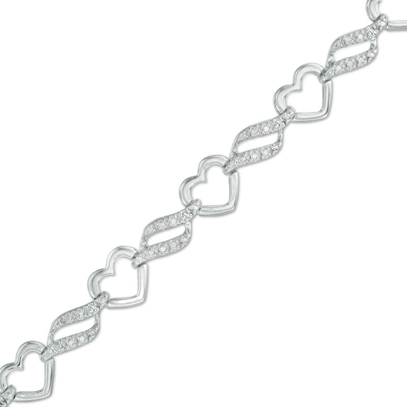 Main Image 1 of 0.10 CT. T.W. Diamond Heart Link Bracelet in Sterling Silver - 7.5"