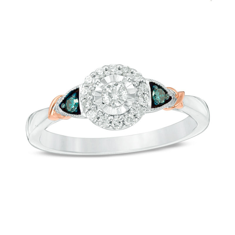 Main Image 1 of 0.25 CT. T.W. Enhanced Blue and White Diamond Frame Collar Ring in 10K Two-Tone Gold
