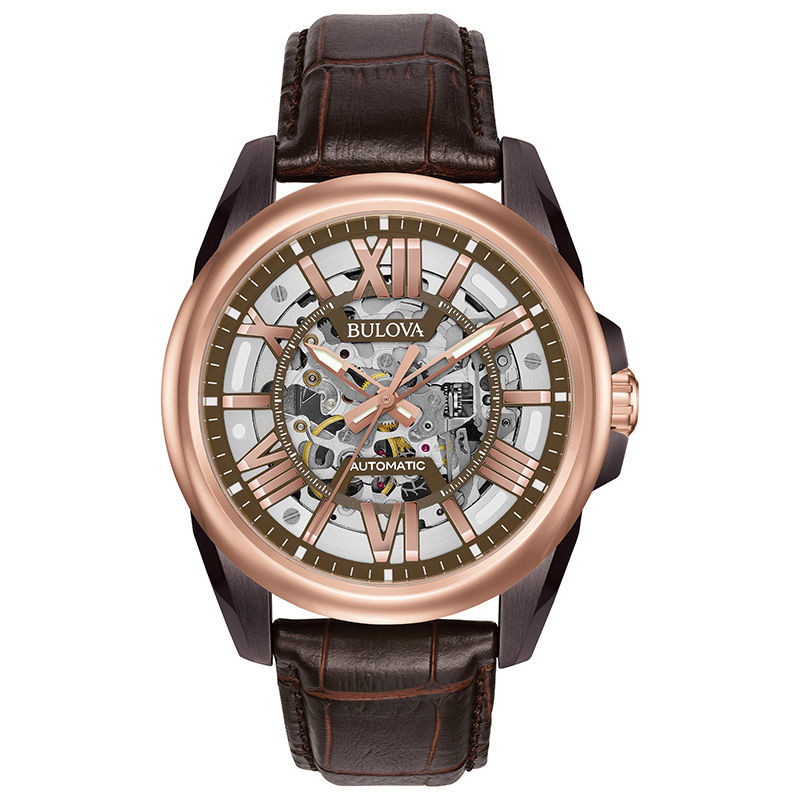 Men's Bulova Automatic Two-Tone Strap Watch with Brown Skeleton Dial (Model: 98A165)|Peoples Jewellers