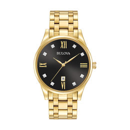 Men's Bulova Diamond Accent Gold-Tone Watch with Black Dial (Model: 97D108)
