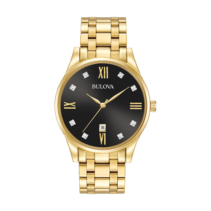 Men's Bulova Diamond Accent Gold-Tone Watch with Black Dial (Model: 97D108)|Peoples Jewellers