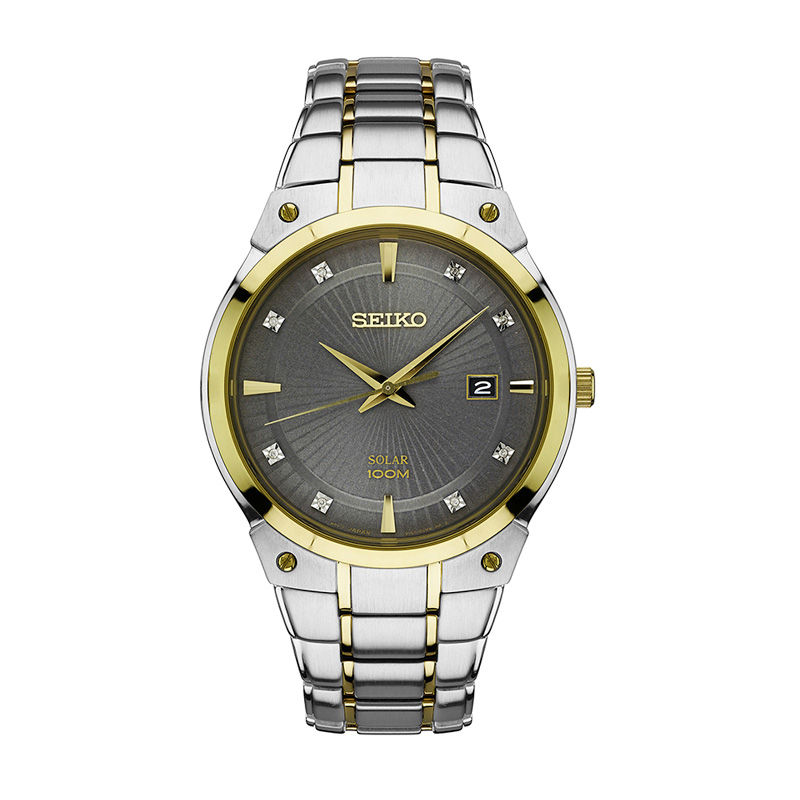 Men's Seiko Core Solar Diamond Accent Two-Tone Watch with Grey Dial (Model:  SNE430) | Peoples Jewellers