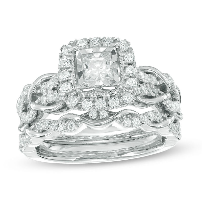 Main Image 1 of 1.00 CT. T.W. Princess-Cut Diamond Frame Vintage-Style Bridal Set in 10K White Gold