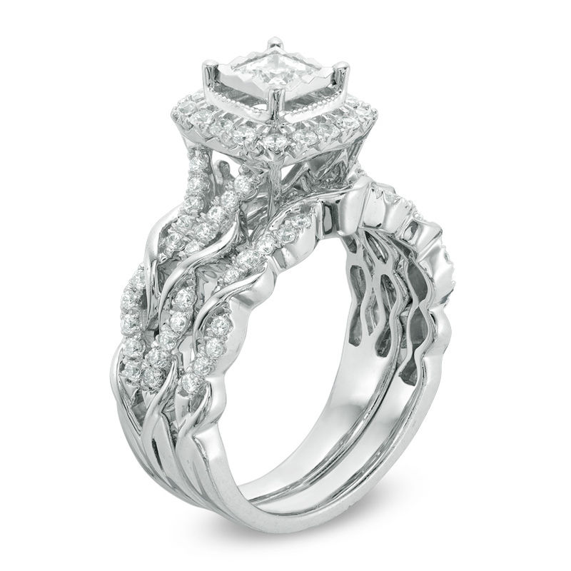 Main Image 2 of 1.00 CT. T.W. Princess-Cut Diamond Frame Vintage-Style Bridal Set in 10K White Gold