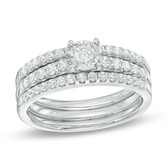 0.63 CT. T.W. Diamond Three Piece Bridal Set in 10K White Gold