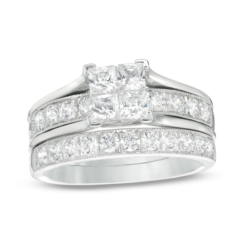 1.75 CT. T.W. Quad Princess-Cut Diamond Vintage-Style Bridal Set in 14K White Gold