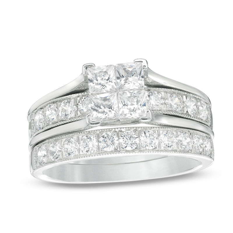 1.75 CT. T.W. Quad Princess-Cut Diamond Vintage-Style Bridal Set in 14K  White Gold