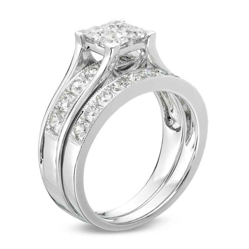 1.75 CT. T.W. Quad Princess-Cut Diamond Vintage-Style Bridal Set in 14K  White Gold