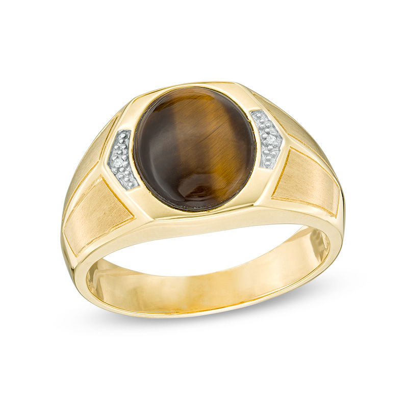 Men's Oval Tiger's Eye and Diamond Accent Signet Ring in 10K Gold|Peoples Jewellers