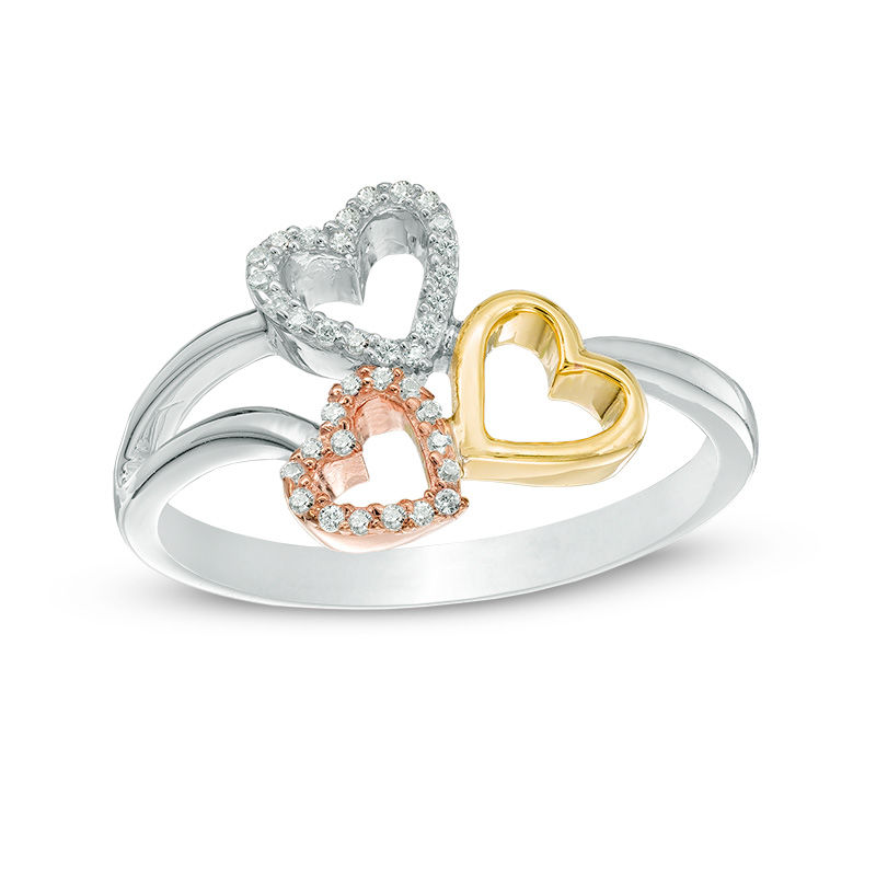 0.09 CT. T.W. Diamond Triple Heart Ring in Sterling Silver and 10K Two-Tone Gold