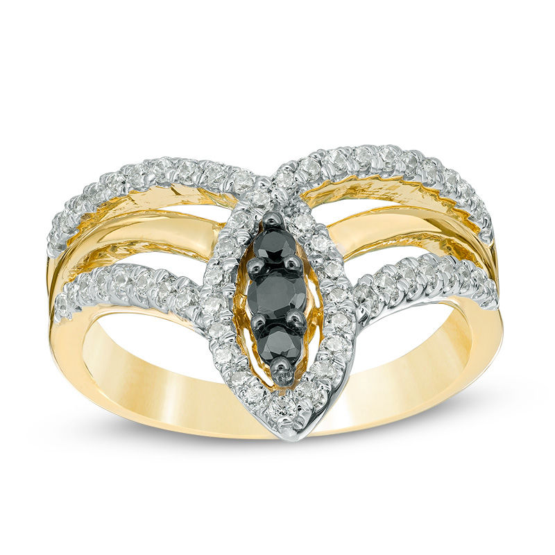 0.45 CT. T.W. Enhanced Black and White Diamond Three Stone Marquise Chevron Ring in 10K Gold