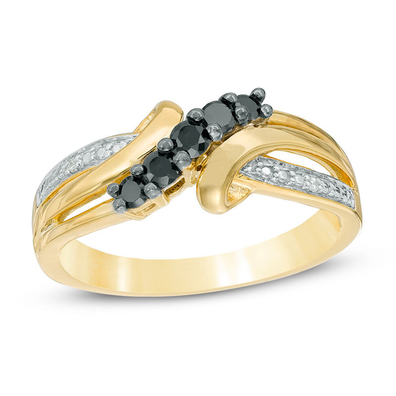 0.23 CT. T.W. Enhanced Black and White Diamond Five Stone Bypass Ring in 10K Gold