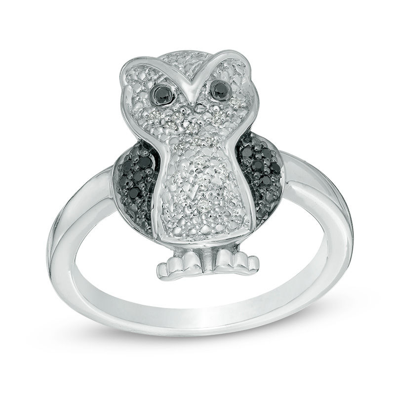 Enhanced Black and White Diamond Accent Owl Ring in Sterling Silver