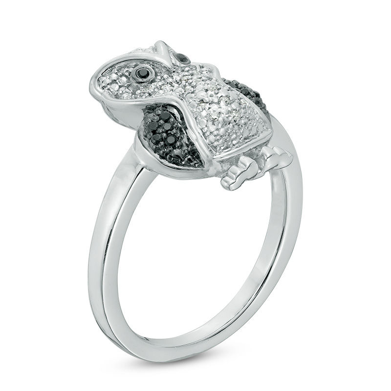 Enhanced Black and White Diamond Accent Owl Ring in Sterling Silver