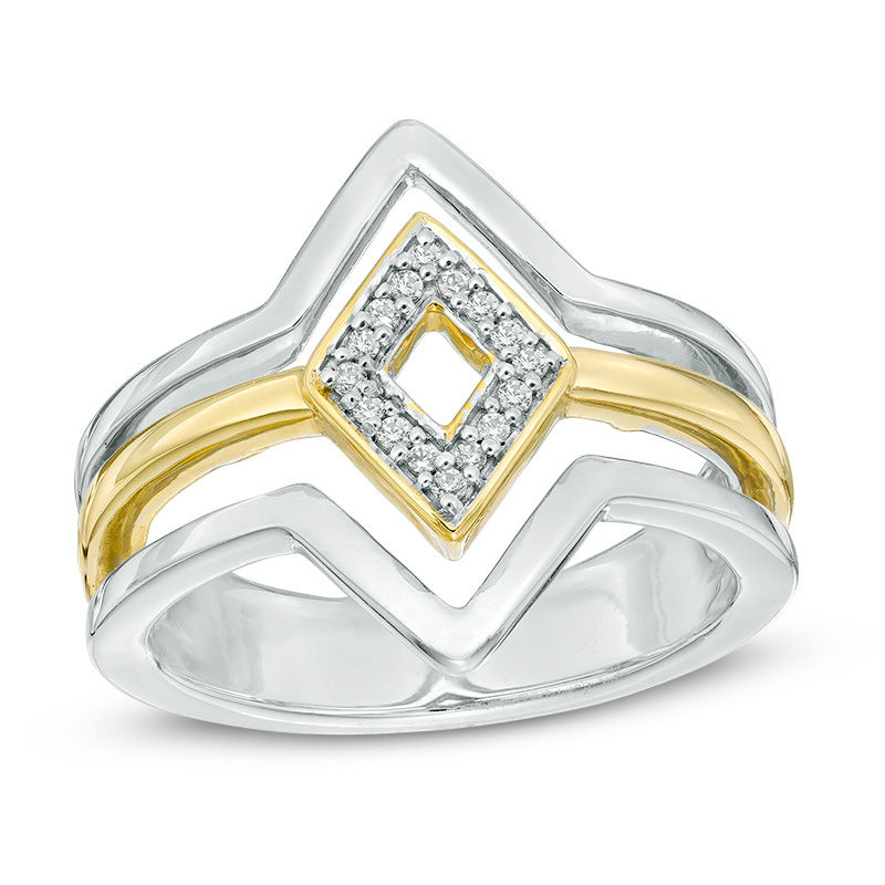 Diamond Accent Triple Row Geometric Diamond Shape Ring in Sterling Silver and 10K Gold