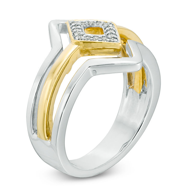 Diamond Accent Triple Row Geometric Diamond Shape Ring in Sterling Silver and 10K Gold