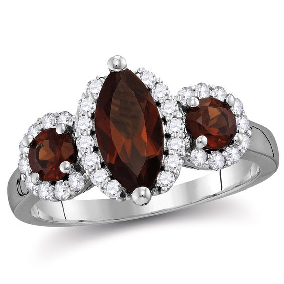 Marquise Garnet and 0.31 CT. T.W. Diamond Frame Three Stone Ring in 14K White Gold Marquise Garnet and 0.31 CT. T.W. Diamond Frame Three Stone Ring in 14K White Gold