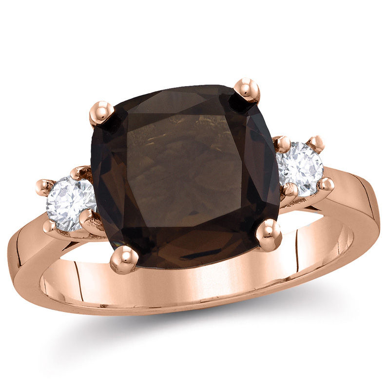 10.0mm Cushion-Cut Smoky Quartz and 0.21 CT. T.W. Diamond Three Stone Ring in 10K Rose Gold