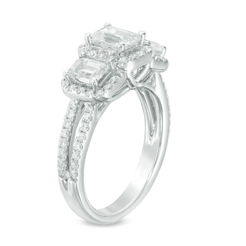 2.20 CT. T.W. Certified Canadian Emerald-Cut Diamond Three Stone Engagement Ring in 14K White Gold (I/I1)