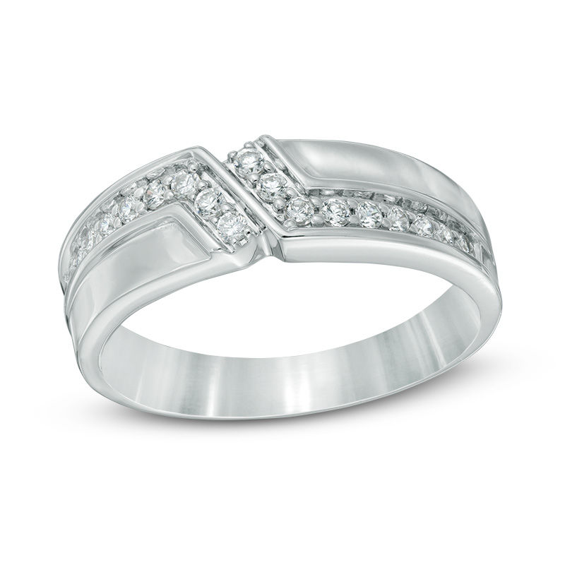 Main Image 1 of Men's 0.33 CT. T.W. Diamond Slant Wedding Band in 10K White Gold