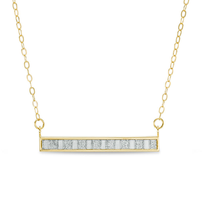 Italian Gold Glitter Enamel Striped Sideways Bar Necklace in 14K Gold