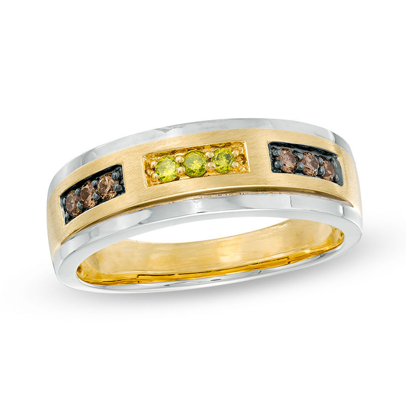 Men's 0.25 CT. T.W. Enhanced Yellow and Champagne Diamond Satin Band in 10K Two-Tone Gold|Peoples Jewellers