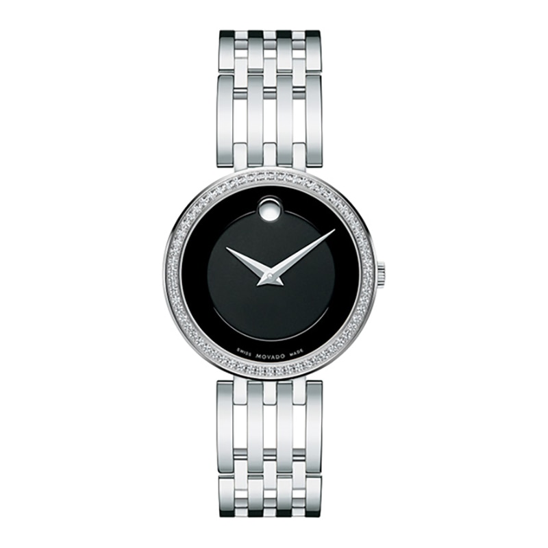 Ladies' Movado Esperanza 0.24 CT. T.W. Diamond Bezel Watch with Black Dial (Model: 0607052)|Peoples Jewellers