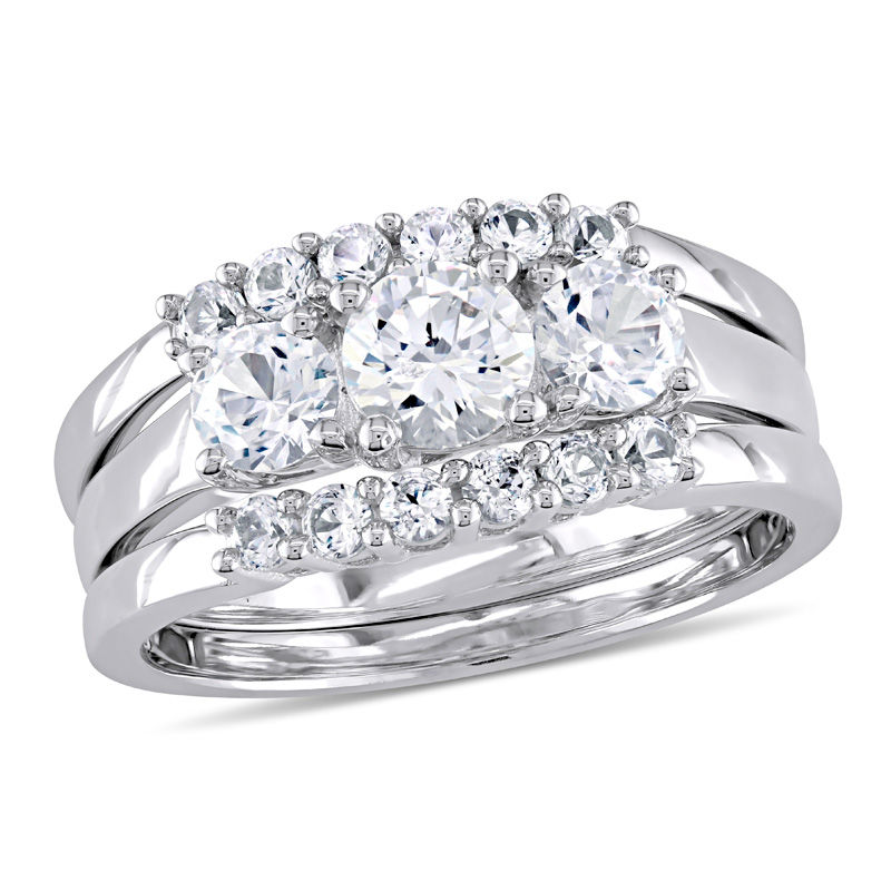5.0mm Lab-Created White Sapphire Three Piece Bridal Set in 10K White Gold|Peoples Jewellers