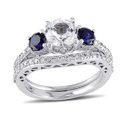 6.5mm Lab-Created White and Blue Sapphire with 0.35 CT. T.W. Diamond Three Stone Bridal Set in 10K White Gold