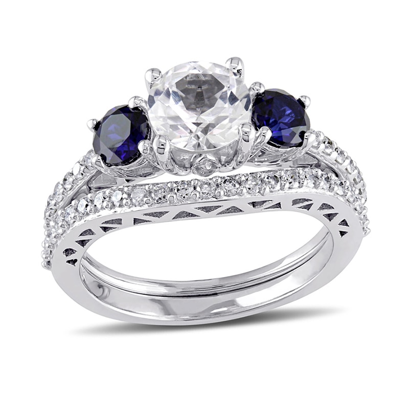 6.5mm Lab-Created White and Blue Sapphire with 0.35 CT. T.W. Diamond Three Stone Bridal Set in 10K White Gold|Peoples Jewellers