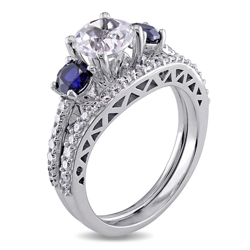 6.5mm Lab-Created White and Blue Sapphire with 0.35 CT. T.W. Diamond Three Stone Bridal Set in 10K White Gold