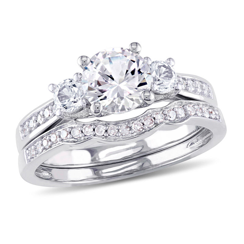 6.0mm Lab-Created White Sapphire and 0.14 CT. T.W. Diamond Three Stone Bridal Set in 10K White Gold