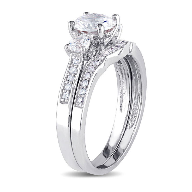 Main Image 2 of 6.0mm Lab-Created White Sapphire and 0.14 CT. T.W. Diamond Three Stone Bridal Set in 10K White Gold
