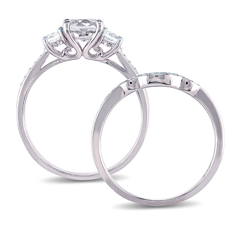 6.0mm Lab-Created White Sapphire and 0.14 CT. T.W. Diamond Three Stone Bridal Set in 10K White Gold