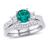 Thumbnail Image 0 of 6.0mm Lab-Created Emerald and White Sapphire with 0.14 CT. T.W. Diamond Three Stone Bridal Set in 10K White Gold