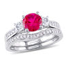 Thumbnail Image 1 of 6.0mm Lab-Created Ruby and White Sapphire with 0.14 CT. T.W. Diamond Three Stone Bridal Set in 10K White Gold