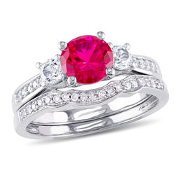 6.0mm Lab-Created Ruby and White Sapphire with 0.14 CT. T.W. Diamond Three Stone Bridal Set in 10K White Gold