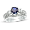 Thumbnail Image 1 of 6.0mm Lab-Created Blue and White Sapphire with 0.14 CT. T.W. Diamond Three Stone Bridal Set in 10K White Gold